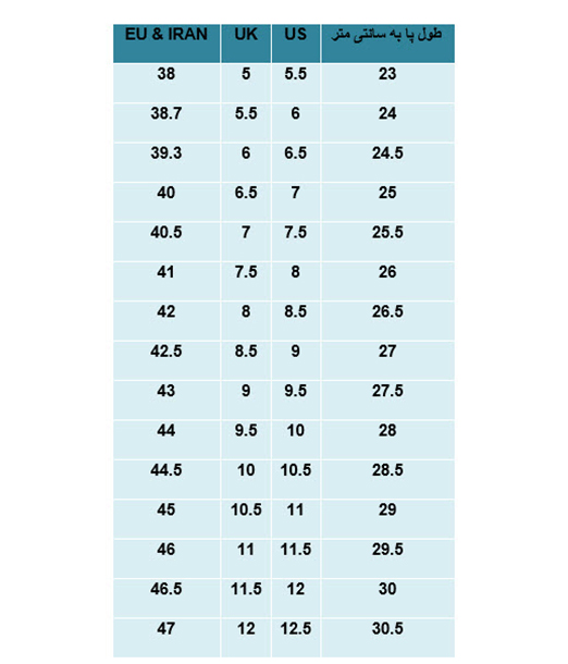 جدول راهنمای اندازه گیری سایز پا برای خرید کفش و دمپایی مردان
